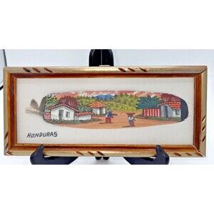 Handpainted & Framed Feather Art Honduras Village Scene Wall Hanger 10.75" X 5"